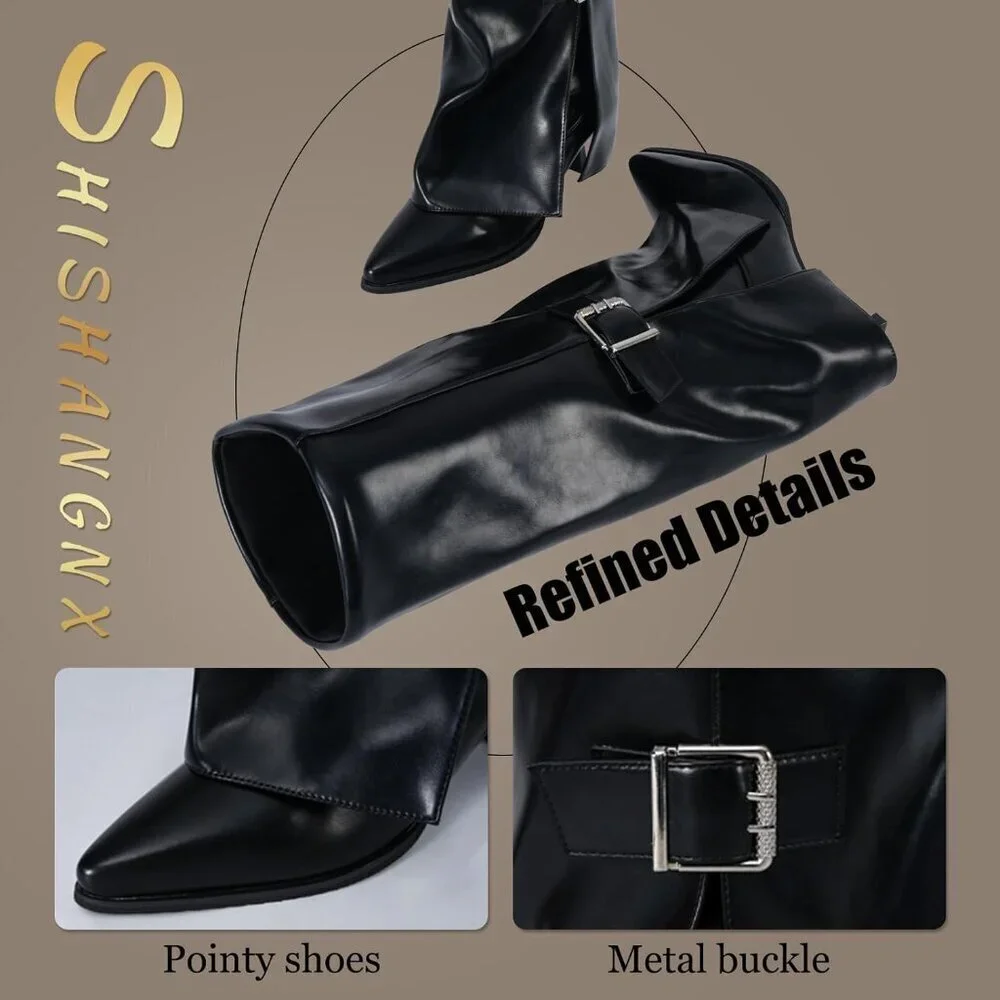 Women's Burgundy Fold Over Pointed Toe Kitten Heels Wide Calf Minimalist Boots